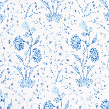 Khilana Floral Porcelain wallpaper by Schumacher, a large-scale blue and white floral pattern inspired by traditional Indian motifs.