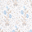 Khilana Floral Sky wallpaper by Schumacher featuring a large-scale, stylized Indian-inspired floral pattern in blue and taupe on white.