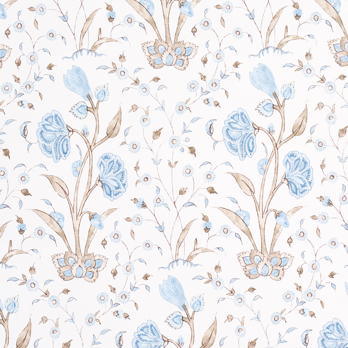Khilana Floral Sky wallpaper by Schumacher featuring a large-scale, stylized Indian-inspired floral pattern in blue and taupe on white.