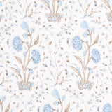 Khilana Floral Sky wallpaper by Schumacher featuring a large-scale, stylized Indian-inspired floral pattern in blue and taupe on white.
