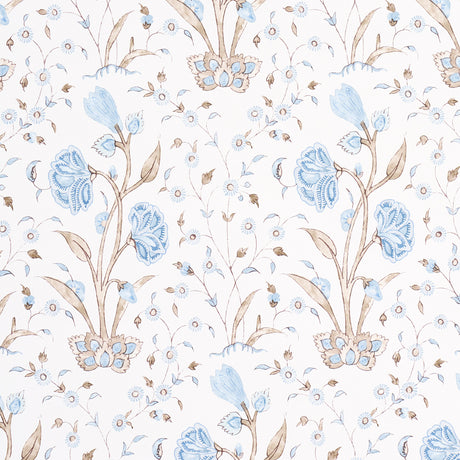 Khilana Floral Sky wallpaper by Schumacher featuring a large-scale, stylized Indian-inspired floral pattern in blue and taupe on white.