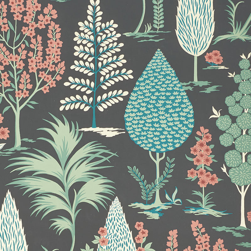 Pandora Onyx & Jade wallpaper by Schumacher features a whimsical grove of stylized trees in green, teal, and pink on a dark background.