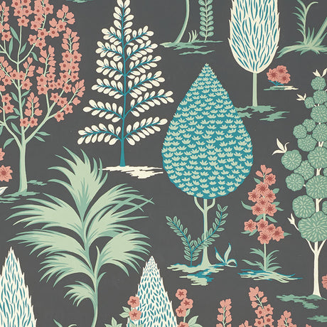 Pandora Onyx & Jade wallpaper by Schumacher features a whimsical grove of stylized trees in green, teal, and pink on a dark background.