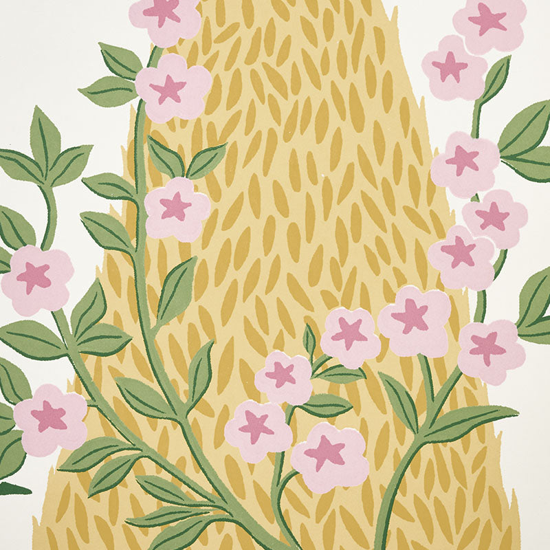 Pandora Yellow & Pink by Schumacher Whimsical Botanical Wallpaper – Palampore Collection 5009962