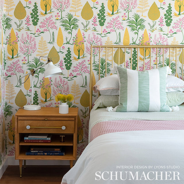 Pandora Yellow & Pink by Schumacher Whimsical Botanical Wallpaper – Palampore Collection 5009962