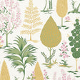 Pandora wallpaper in yellow and pink, featuring a whimsical grove of stylized trees and flowers, hand printed for a dimensional effect.