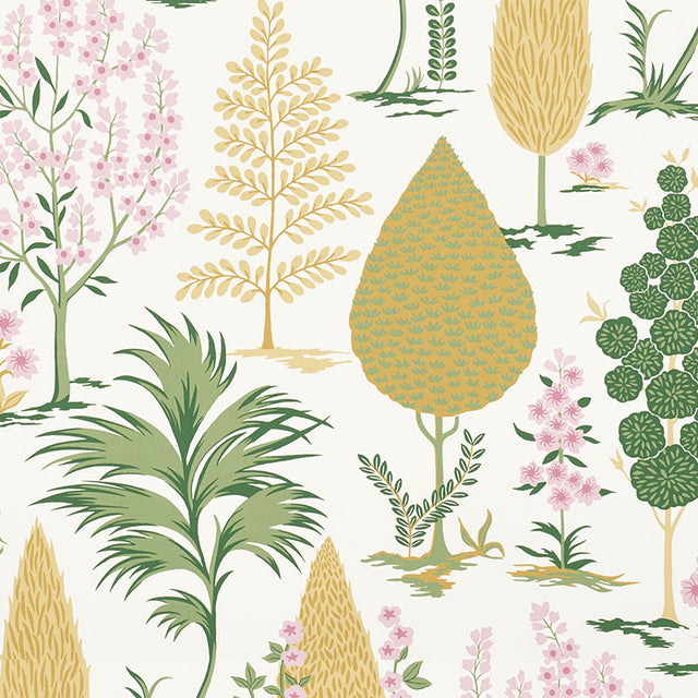Pandora wallpaper in yellow and pink, featuring a whimsical grove of stylized trees and flowers, hand printed for a dimensional effect.