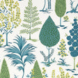 Pandora Peacock wallpaper by Schumacher features a whimsical grove of stylized trees in blue, green, and yellow on a white background.
