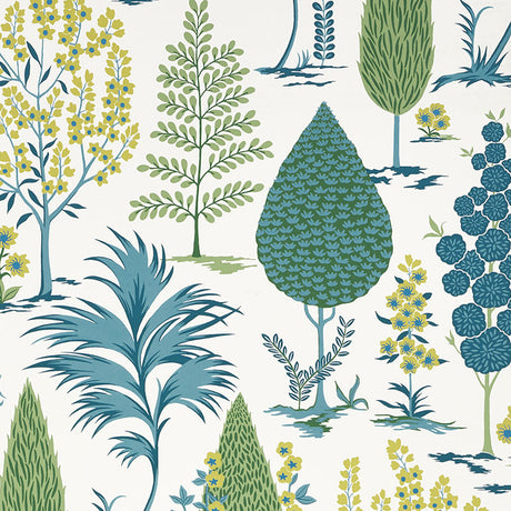 Pandora Peacock wallpaper by Schumacher features a whimsical grove of stylized trees in blue, green, and yellow on a white background.