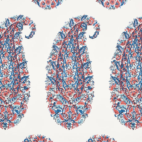 Shirala Paisley wallpaper in Delft & Rose by Schumacher, featuring a traditional Indian block print paisley design in blue and rose tones.