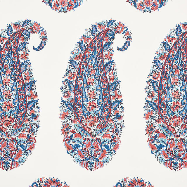 Shirala Paisley wallpaper in Delft & Rose by Schumacher, featuring a traditional Indian block print paisley design in blue and rose tones.