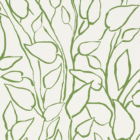 Solandra Vine Leaf wallpaper by Schumacher in green and white, featuring a loose, leafy botanical pattern.