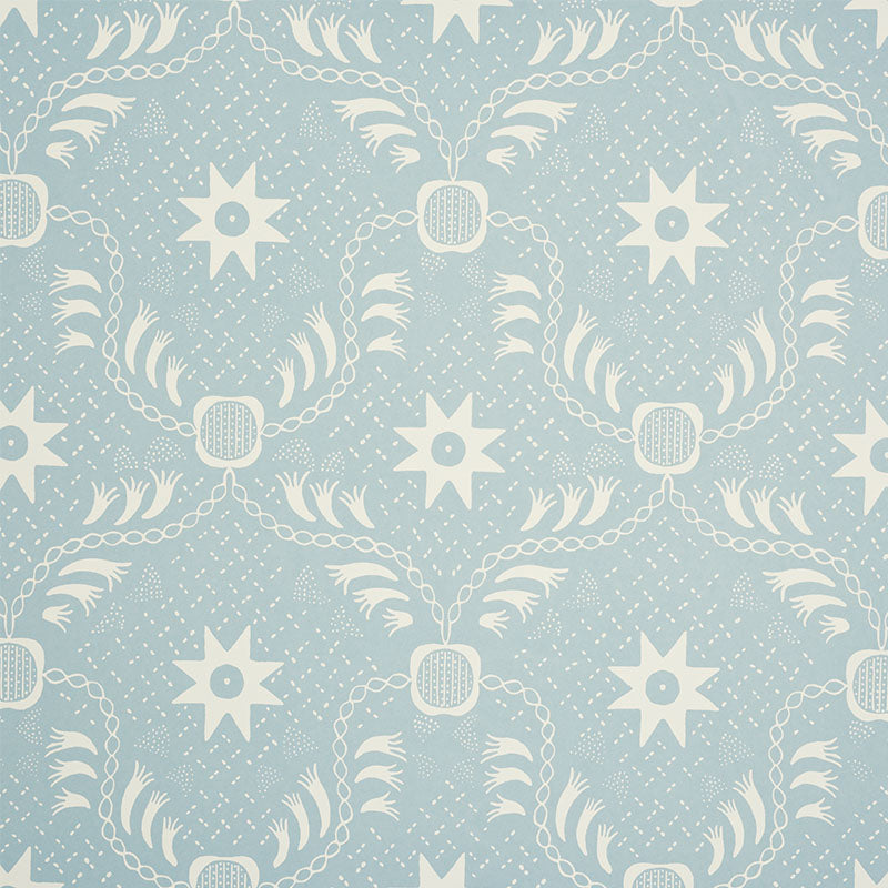 Lancaster Sky by Schumacher - stylized stars and trellis pattern in light blue and white wallpaper