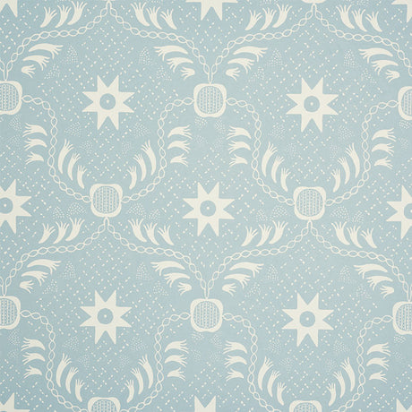 Lancaster Sky by Schumacher - stylized stars and trellis pattern in light blue and white wallpaper