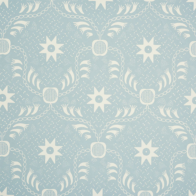 Lancaster Sky by Schumacher - stylized stars and trellis pattern in light blue and white wallpaper