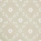 Lancaster Sand by Schumacher - geometric star and chain pattern wallpaper in beige and white, styled in a modern living room.