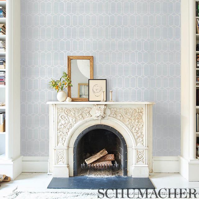 Modern Trellis Sisal Sky by Schumacher Hand Screen Printed Geometric Grasscloth Wallpaper – Schumacher 5010100