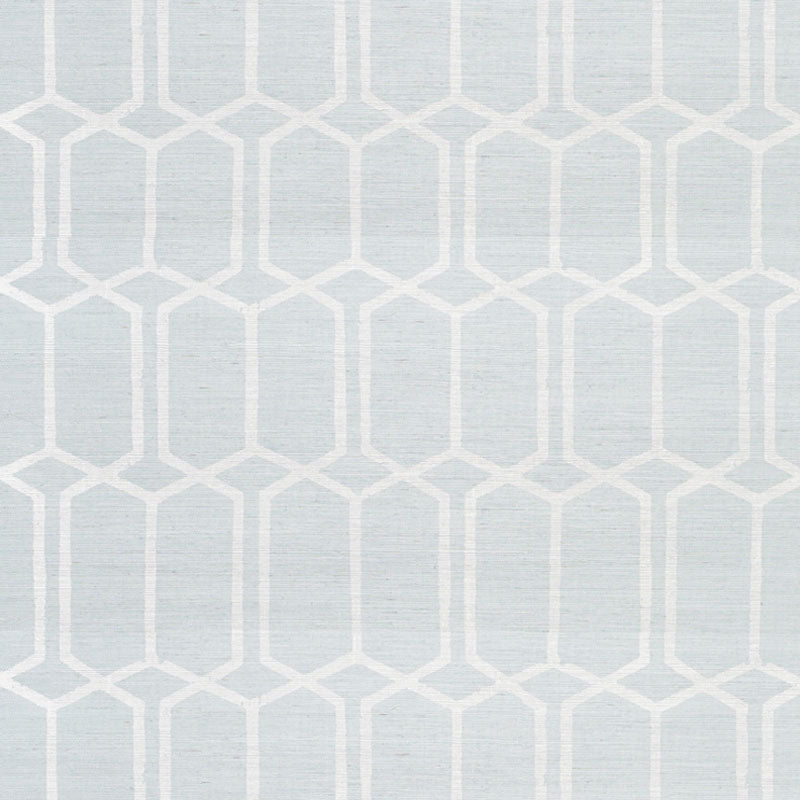 Modern Trellis Sisal wallpaper in Sky by Schumacher, a hand screen printed geometric trellis design on sisal grasscloth.