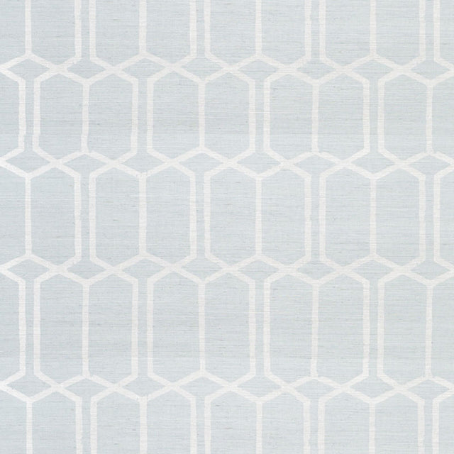 Modern Trellis Sisal wallpaper in Sky by Schumacher, a hand screen printed geometric trellis design on sisal grasscloth.