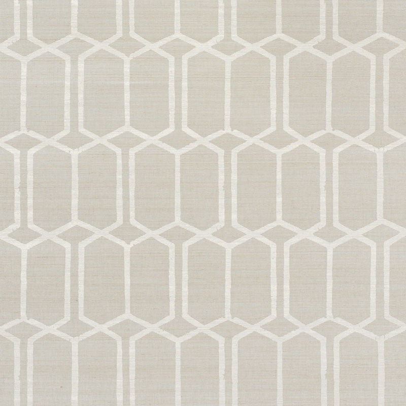 Modern Trellis Hemp Shimmer wallpaper in Moonstone by Schumacher, handprinted on sisal with a geometric trellis pattern and subtle shimmer.