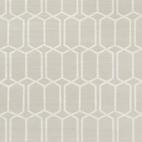 Modern Trellis Hemp Shimmer wallpaper in Moonstone by Schumacher, handprinted on sisal with a geometric trellis pattern and subtle shimmer.