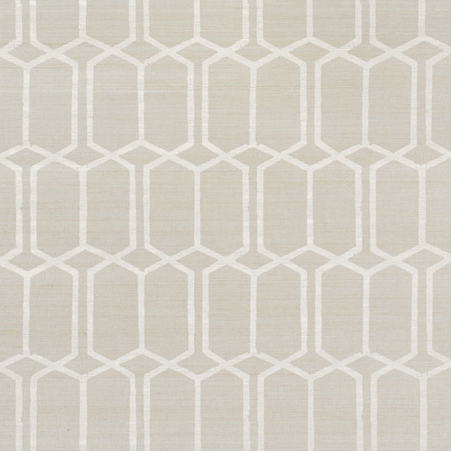 Modern Trellis Hemp Shimmer wallpaper in Moonstone by Schumacher, handprinted on sisal with a geometric trellis pattern and subtle shimmer.