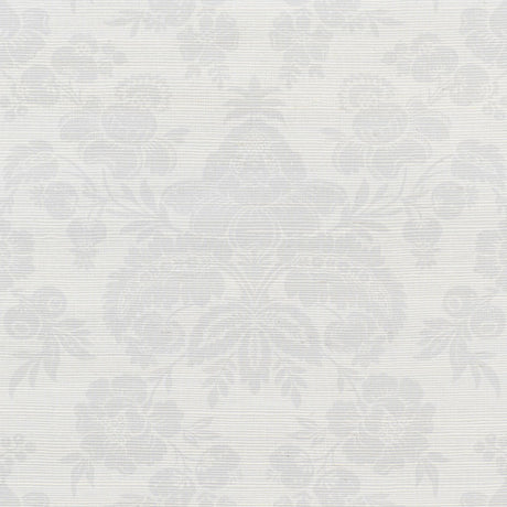 Simone Damask Grasscloth wallpaper in silver, featuring a classic damask pattern printed on textured grasscloth, styled in a modern bedroom setting.