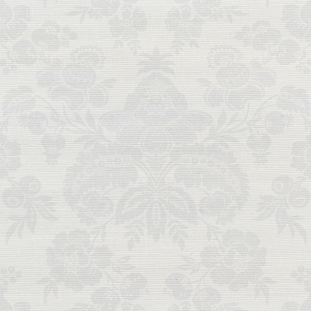 Simone Damask Grasscloth wallpaper in silver, featuring a classic damask pattern printed on textured grasscloth, styled in a modern bedroom setting.