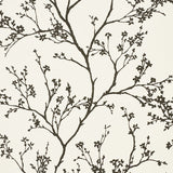 Twiggy Vinyl wallpaper in Black on Ivory by Schumacher, featuring delicate flowering branches silhouetted against a linen-like textured vinyl background.