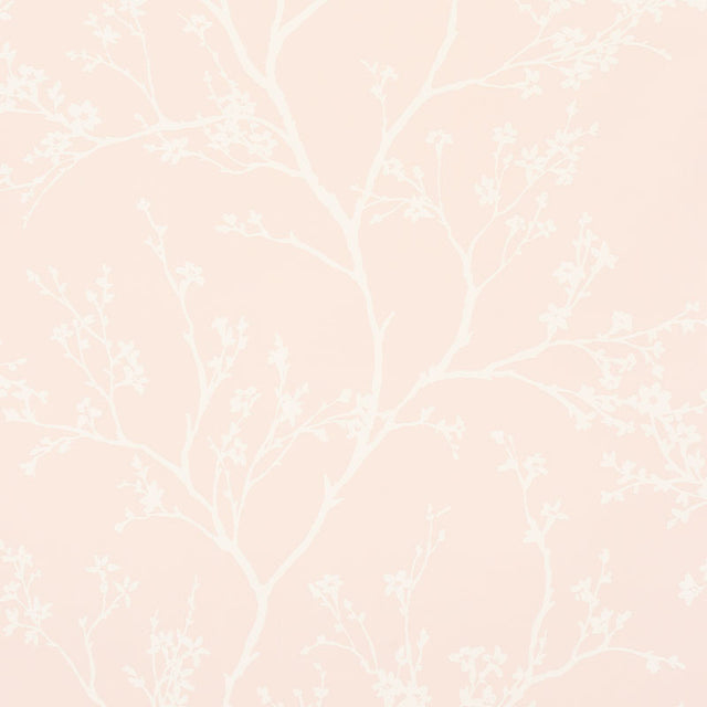 Twiggy Vinyl Blush wallpaper with delicate flowering branches on a linen-like textured vinyl background by Schumacher