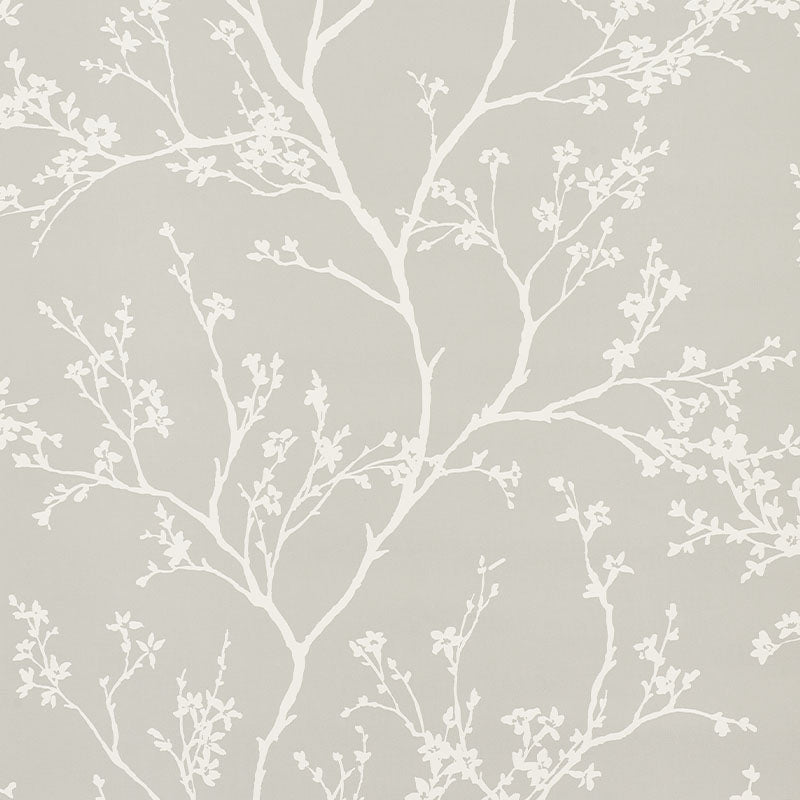 Twiggy Vinyl wallpaper in soft grey with delicate white flowering branches on a linen-like textured vinyl background.