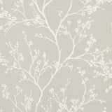 Twiggy Vinyl wallpaper in soft grey with delicate white flowering branches on a linen-like textured vinyl background.