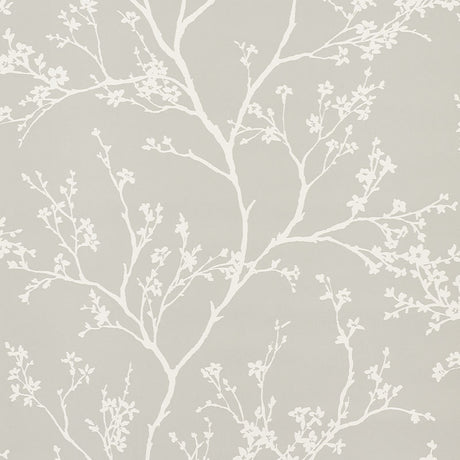 Twiggy Vinyl wallpaper in soft grey with delicate white flowering branches on a linen-like textured vinyl background.
