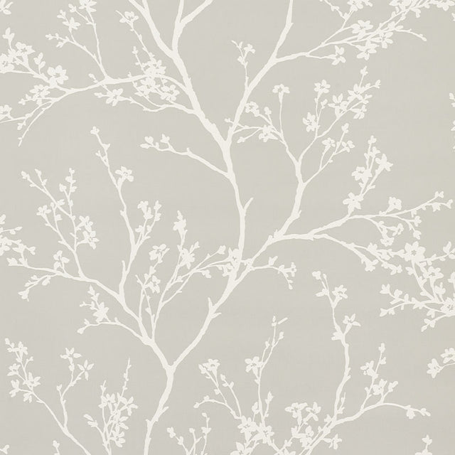 Twiggy Vinyl wallpaper in soft grey with delicate white flowering branches on a linen-like textured vinyl background.
