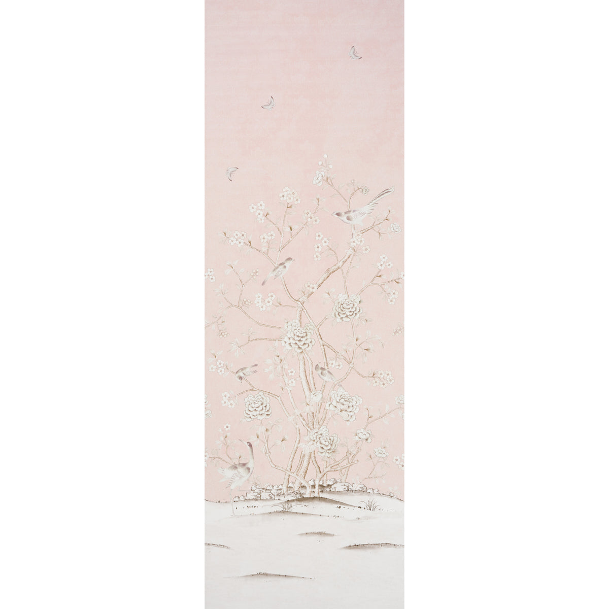 Chinois Palais Vinyl Panel in blush by Mary McDonald for Schumacher, featuring exotic birds and cherry blossoms on a stippled pink background.