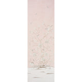 Chinois Palais Vinyl Panel in blush by Mary McDonald for Schumacher, featuring exotic birds and cherry blossoms on a stippled pink background.