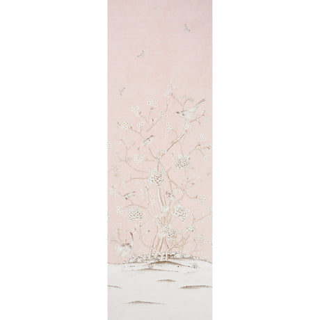 Chinois Palais Vinyl Panel in blush by Mary McDonald for Schumacher, featuring exotic birds and cherry blossoms on a stippled pink background.