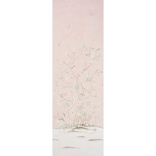 Chinois Palais Vinyl Panel in blush by Mary McDonald for Schumacher, featuring exotic birds and cherry blossoms on a stippled pink background.
