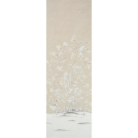Chinois Palais Vinyl Panel in Stone by Mary McDonald for Schumacher, featuring exotic birds and cherry blossoms on a stippled background.