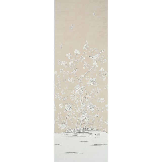 Chinois Palais Vinyl Panel in Stone by Mary McDonald for Schumacher, featuring exotic birds and cherry blossoms on a stippled background.