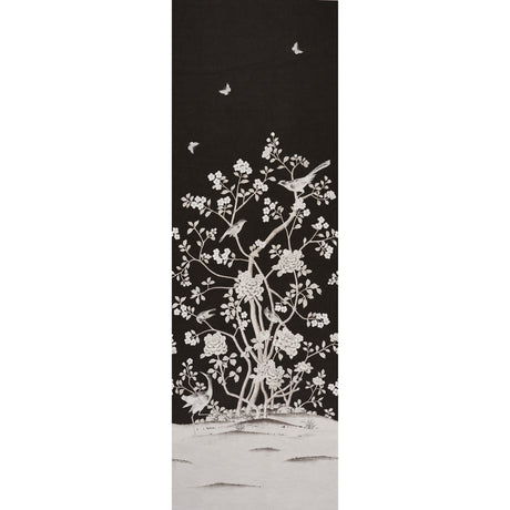Chinois Palais Vinyl Panel in Noir by Mary McDonald for Schumacher, featuring exotic birds and cherry blossoms on a black background.