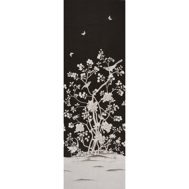 Chinois Palais Vinyl Panel in Noir by Mary McDonald for Schumacher, featuring exotic birds and cherry blossoms on a black background.