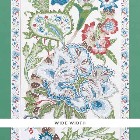 Anjou Stripe wallpaper in Emerald by Timothy Corrigan for Schumacher, featuring elegant stripes and lush floral motifs in green, blue, and red on a white background.