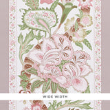 Anjou Stripe Blush by Timothy Corrigan for Schumacher. Wide-width wallpaper featuring elegant stripes and lush floral motifs in blush, green, and brown tones.