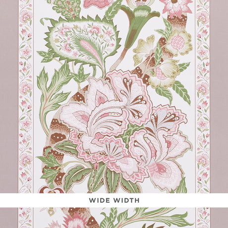 Anjou Stripe Blush by Timothy Corrigan for Schumacher. Wide-width wallpaper featuring elegant stripes and lush floral motifs in blush, green, and brown tones.