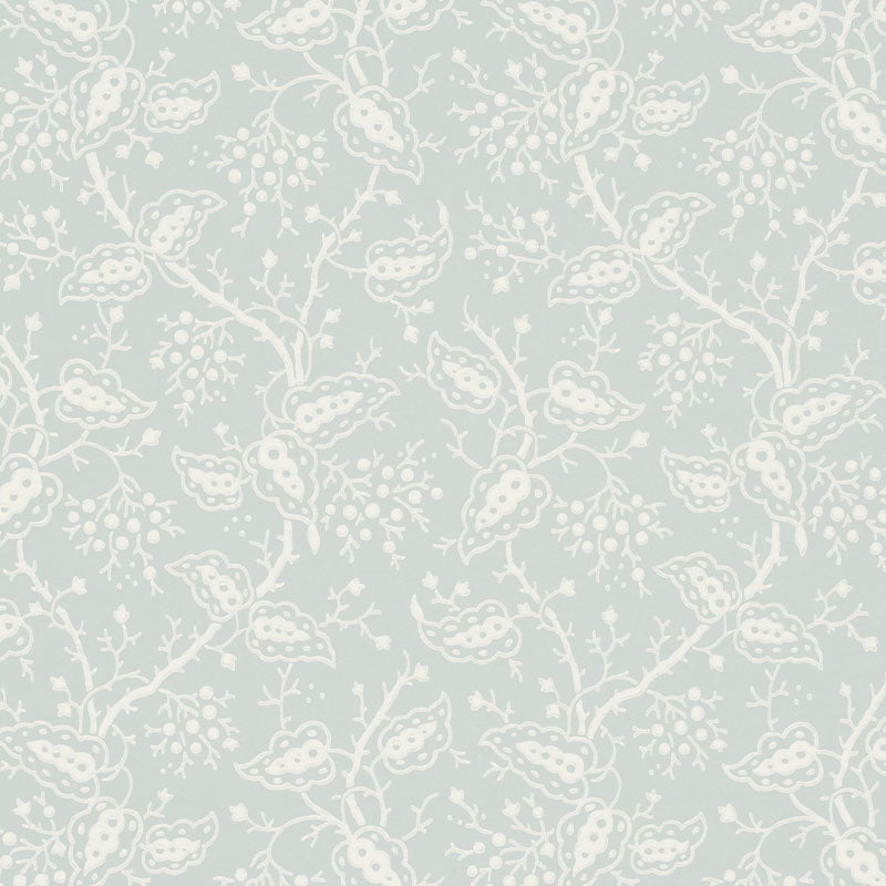 Darby Sky climbing-vine botanical wallpaper by Schumacher, surface-printed for raised texture, shown in a soft blue and white colorway.