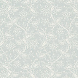 Darby Sky climbing-vine botanical wallpaper by Schumacher, surface-printed for raised texture, shown in a soft blue and white colorway.