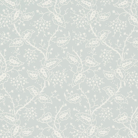 Darby Sky climbing-vine botanical wallpaper by Schumacher, surface-printed for raised texture, shown in a soft blue and white colorway.