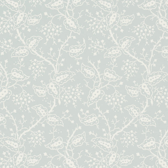Darby Sky climbing-vine botanical wallpaper by Schumacher, surface-printed for raised texture, shown in a soft blue and white colorway.