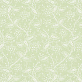 Darby Leaf wallpaper by Schumacher, a surface-printed climbing-vine botanical pattern in light green and white.